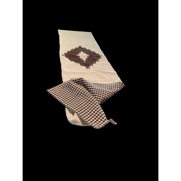 Embroidered Linen Cotton Table Runner 6 Napkins Ponderosa Brown Gingham 2 Sided - Picture 5 of 12
